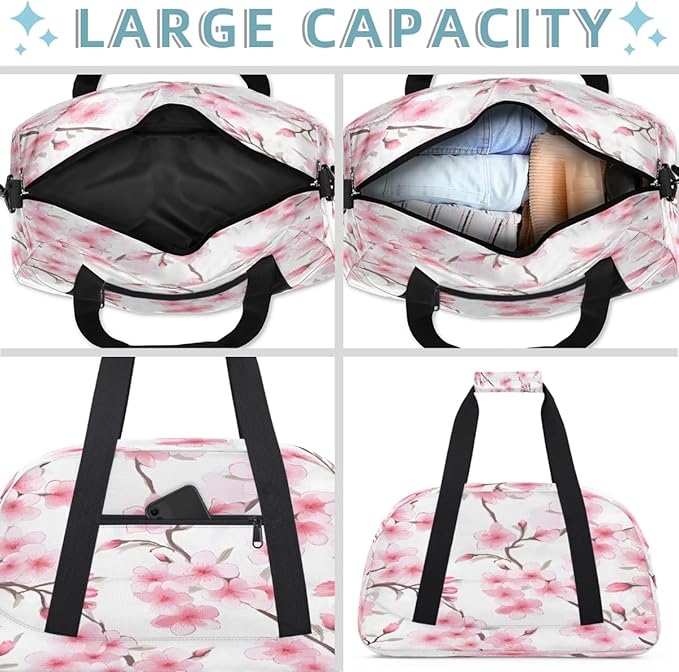 Duffle Bag for Women Men, Pink Cherry Blossoms In Spring Gym Bag for Travel Sports, Lightweight Waterproof Weekender Overnight Bags with Adjustable Strap