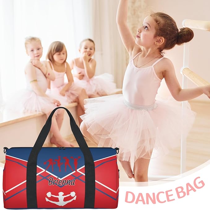 Custom Gym Dance Bag Cheerleading, Personalized Sports Bag for Teens Waterproof Weekender Carry Practice Travel Tote, Steel Blue with Red Cheer Team