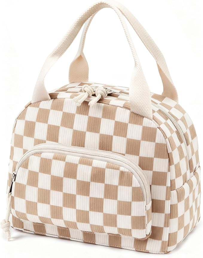 Lunch Bag Women Lunch Box for Women Adult Cute Insulated Lunch Bag Small Cooler Lunch Tote Bags for Work Picnic School (Beige-Brown Plaid)