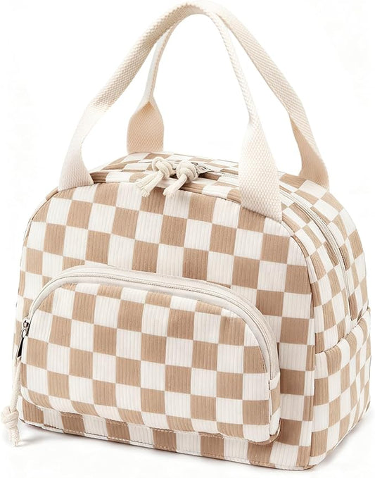 Lunch Bag Women Lunch Box for Women Adult Cute Insulated Lunch Bag Small Cooler Lunch Tote Bags for Work Picnic School (Beige-Brown Plaid)