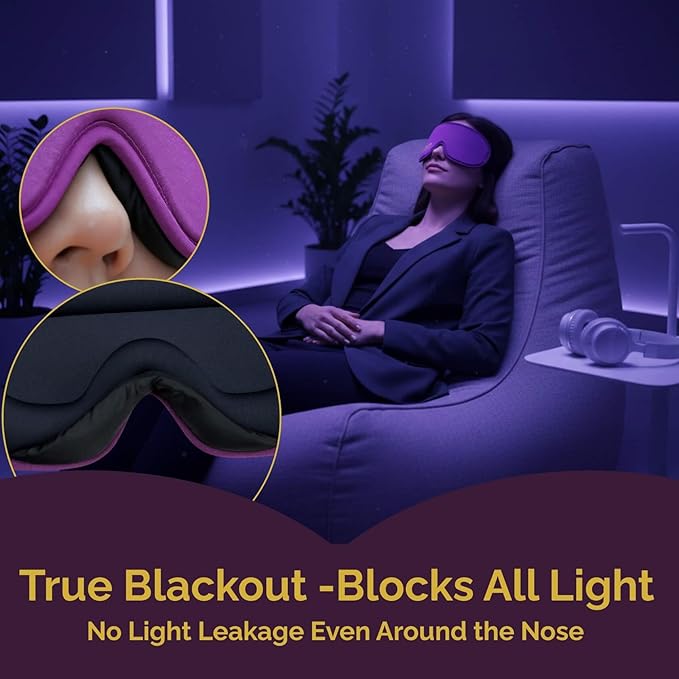 Meditation Eye Mask - 100% Blackout Sleep Masks for Women, Zero Eye Pressure - Nose Seal Eye Cover for Yoga Nidra, Naps & Travel, Adjustable Night Blindfold - Deep Lavender Purple