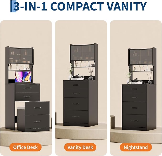 Garvee 3 in 1 Vanity Desk with 3 Color LED, Compact Makeup Vanity Set with 2 AC Outlets & USB, Dressing Table with Drawers & Acrylic Doors, Nightstand Vanity Mirror, Jewelry Box, Hidden Chair, Black