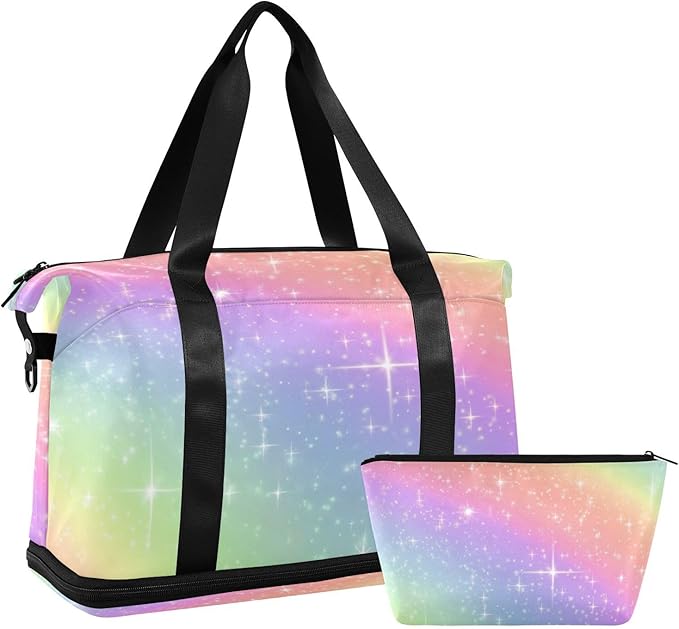 Travel Duffel Bags for Women Glitter Rainbow Gradient Sports Duffel Bags Gym Bags with Shoes Compartment Tote Bag Weekender Bag for Travelling