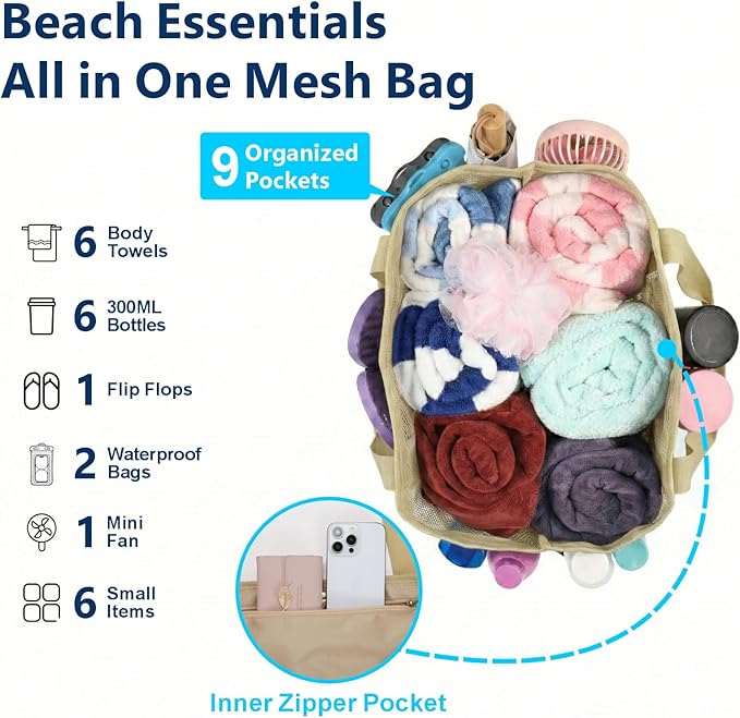 F-color Mesh Beach Bag Family - Large Tote Bag 9 Pockets for Swim Pool Toys Cruise Beach Vacation Essentials