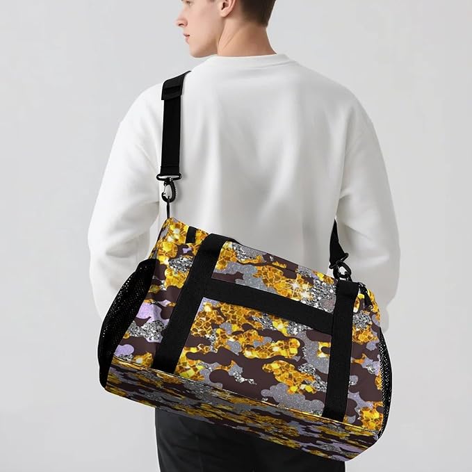 Golden Yellow Camo Sequin Print Luggage Bag Waterproof Duffel Bag Adjustable Shoulder Strap Perform Training Travel Bag for Teens Adults Backpack