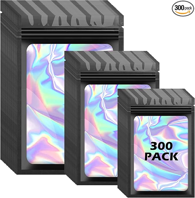 300 Pcs Holographic Mylar Bags, 3 Size Smell Proof Bags with Clear Window Foil Pouch Bags Resealable Bags for Small Business and Food Storage, Black