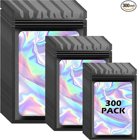300 Pcs Holographic Mylar Bags, 3 Size Smell Proof Bags with Clear Window Foil Pouch Bags Resealable Bags for Small Business and Food Storage, Black