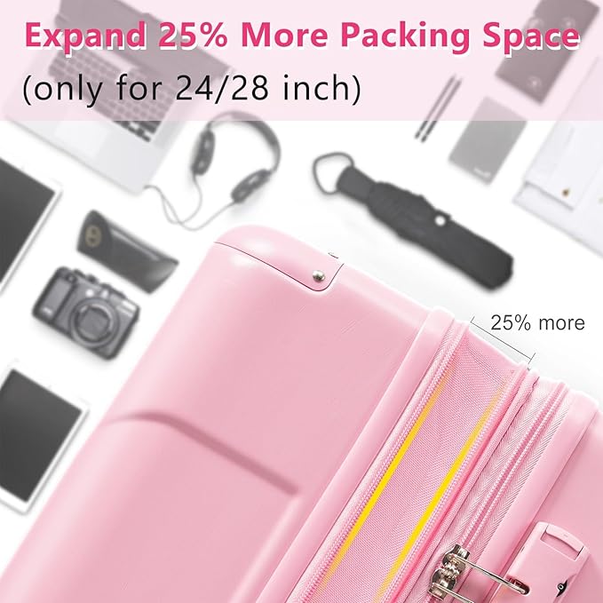 24 Inch Hardshell Luggage Lightweight Checked Luggage, Pink Hardside ABS Suitcases with Double Wheels and TSA Lock, Medium Expandable 24-inch Carry on Luggages for Travel, Men, Women