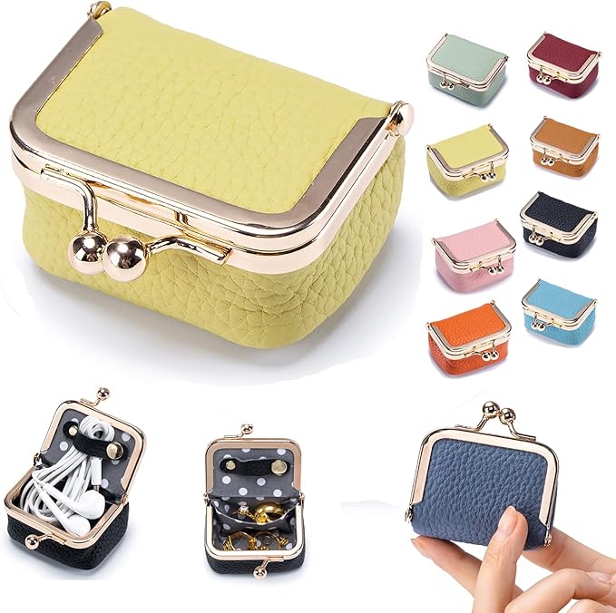 Genuine Leather Mini Jewelry Box & Coin Purse for Women, Travel Jewelry Case with Kiss Lock, Holds Earrings, Rings, Necklace, Bracelet, Coins (Yellow)
