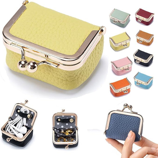 Genuine Leather Mini Jewelry Box & Coin Purse for Women, Travel Jewelry Case with Kiss Lock, Holds Earrings, Rings, Necklace, Bracelet, Coins (Yellow)