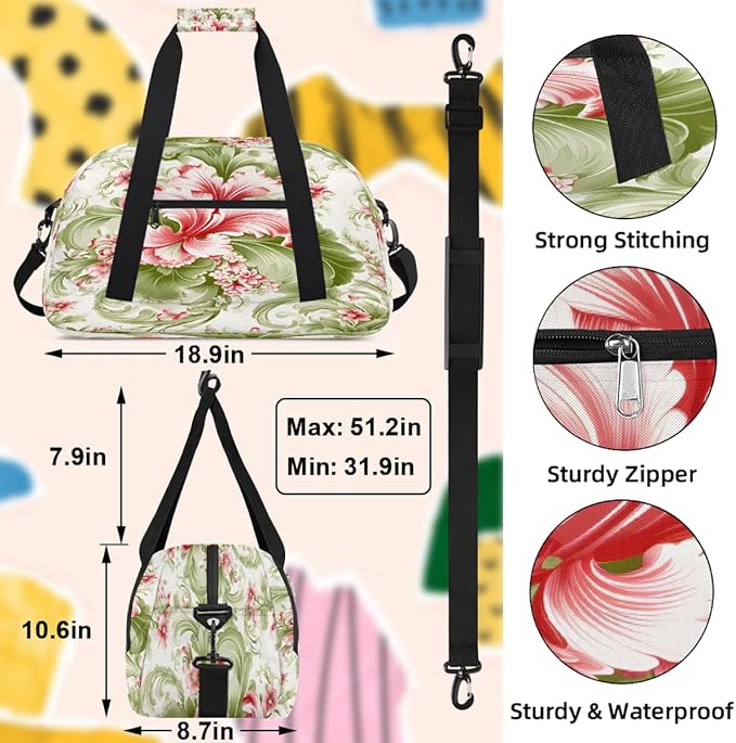 Duffle Bag for Women Men, Pink Green Floral Gym Bag for Travel Sports, Lightweight Waterproof Weekender Overnight Bags with Adjustable Strap