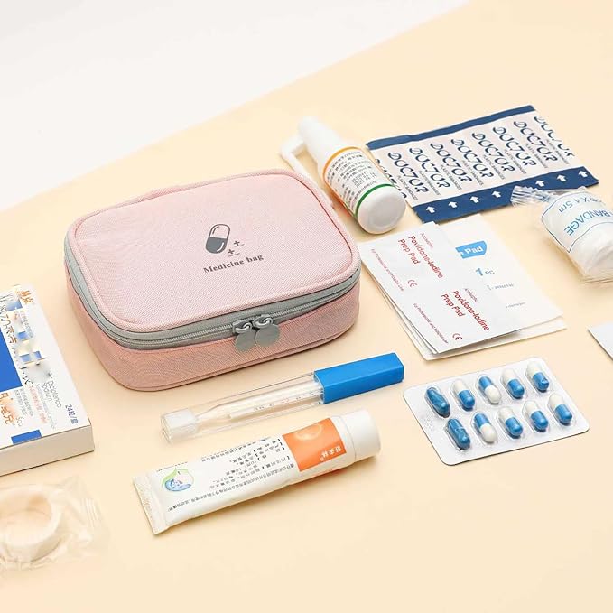 Small Empty First Aid Bag, Compact Travel Medicine Pouch Double Zippers Cute Pill Pocket for Travel Home,Pink