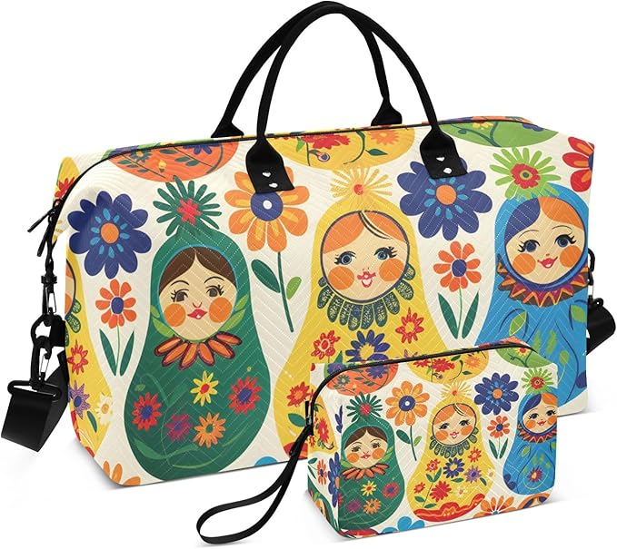 Travel Duffle Bag, Matryoshka Russian Traditional Wooden Doll Gym Bag with Storage Bag Weekender Overnight Bag for Men Women Trip Sports Yoga
