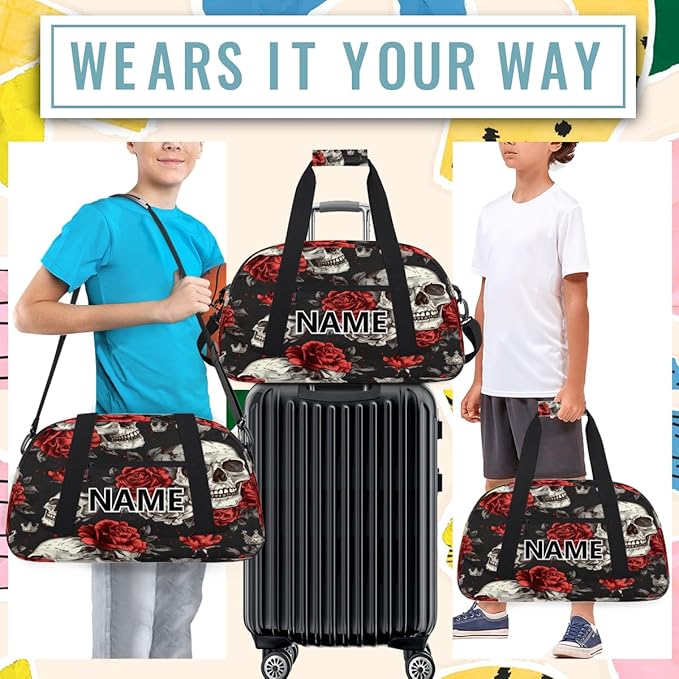 Skeleton Mini Gym Bag 18 inch for Women Men Waterproof Custom Sugar Skull Floral Travel Duffel Bag Carry On Overnight Tote Nurse Bag for Work Fitness Hiking