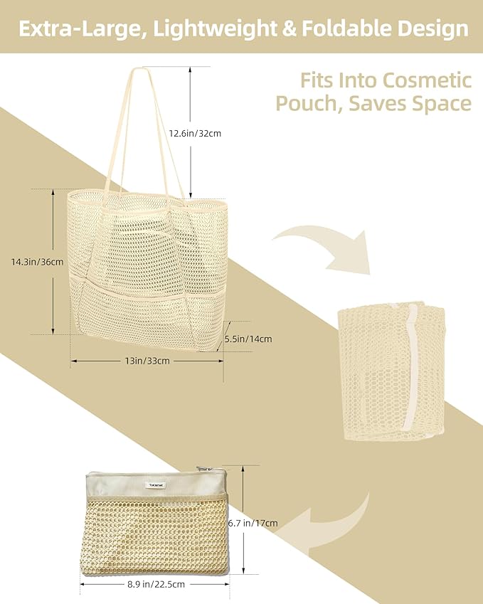 Mesh Beach Tote Bag Packable,2026 New 2-in-1 Large Lightweight Foldable Beach Bags with Multiple Pockets for Women