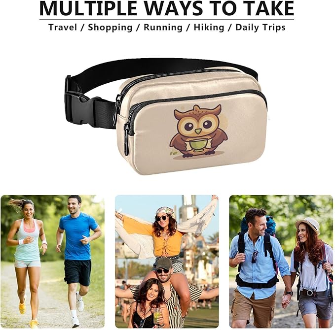 Cute Owl Drinking Coffee Fanny Pack for Women Men Water Resistant Fashion Waist Packs with Adjustable Strap Belt Bag for Travel Workout Jogging Hiking 21219859