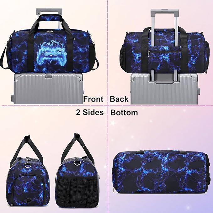 Duffle Bag for Boys Sport Gym Bag with Wet Pocket Shoes Compartment for Teen Boys Luminous Blue Flame Game Travel Bag Dance Bag