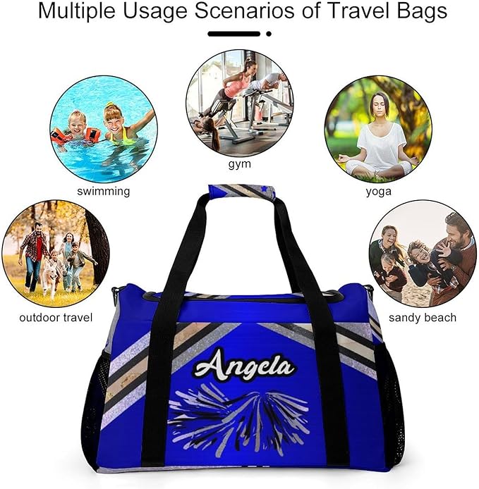 Personalized Sports Duffle Bags for Training, Navy Blue Cheering Silver Stripes Travel Bags with Adjustable Shoulder Strap, Custom Name Birthday Holiday Gift