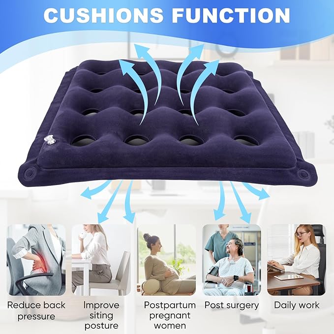 2-Pack Waffle Inflatable Seat Cushions with Pump, 18 Inch Beige 16-Hole Air Cushion for Pressure Relief, Wheelchair, Office Chair, Car Seat & Travel (Navy Blue)