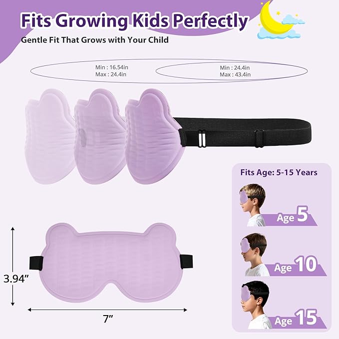 Kids Sleep Mask, 3D Sleeping Eye Mask for Kids with Adjustable Elastic Strap, Bear Shape Eye Cover with Memory Foam, Soft & Light-Blocking, Gift for Boys Girls Teens Age 5–15 (Purple)