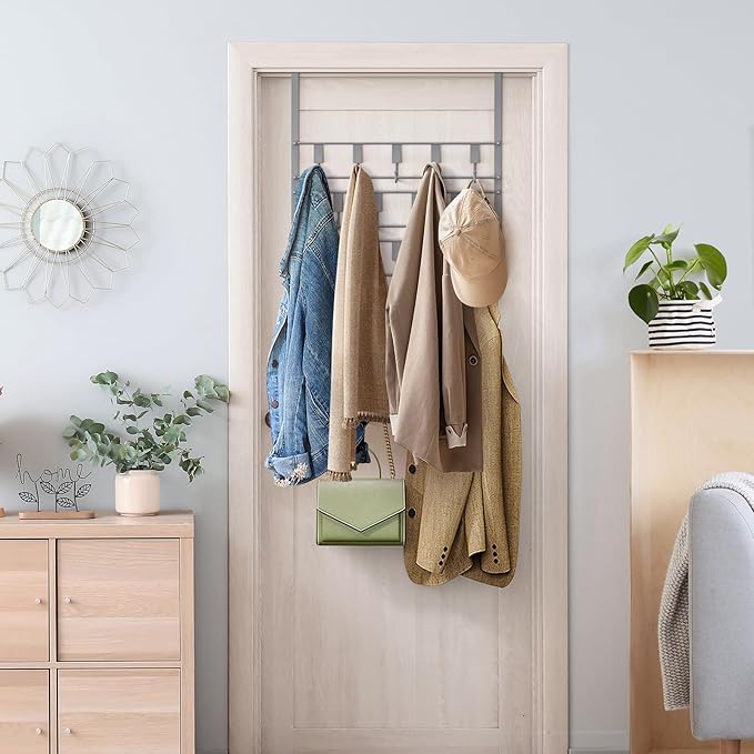 Over The Door Hooks for Hanging, 14 Hooks Over Door Coat Hanger, Coat Clothing Rack and Towel Rack for Bathroom Organizer, Door Hanger Organizer Kitchen, Bathroom Towel Storage Silver