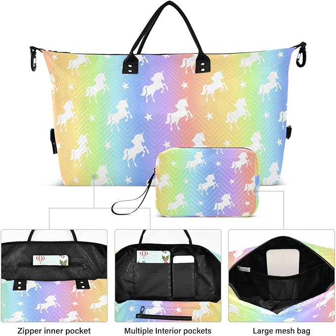Unicorn Quilted Travel Bags Weekender Duffle Bags With Toiletry Bag Carry on Overnight Duffels Yoga Gym Bag for Airplanes Business Sports