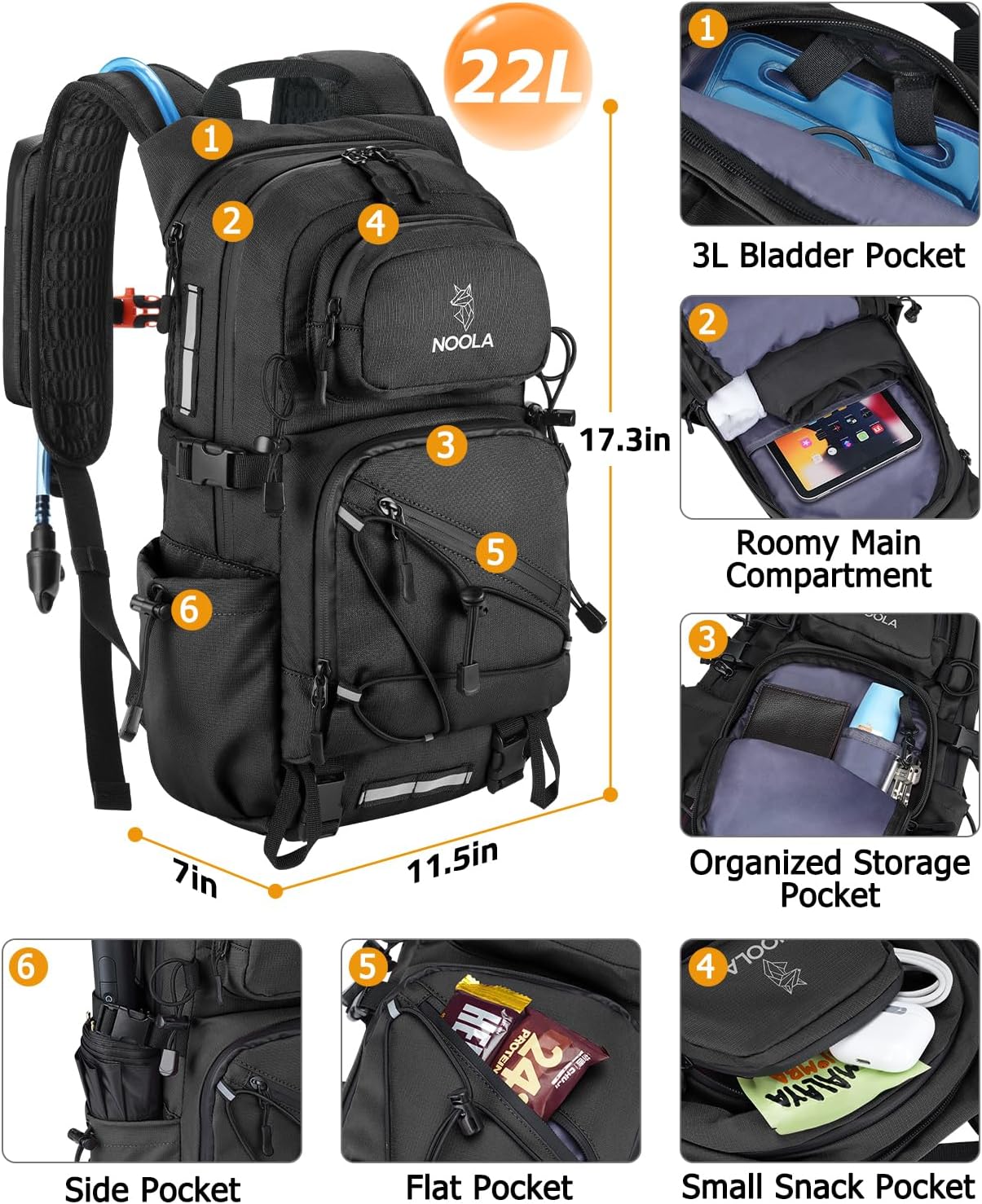 NOOLA Hydration Backpack with 3L Water Bladder, 22L Water Backpack for Hiking Cycling Running Biking, Lightweight Hiking Pack