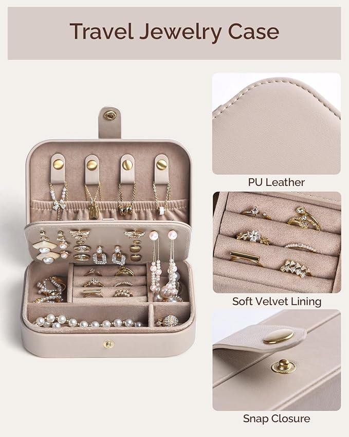 Jewelry Travel Case, Portable Travel Jewelry Box for Women, PU Leather, Snap Closure, Jewelry Holder Organizer Travel Essentials, Light Taupe