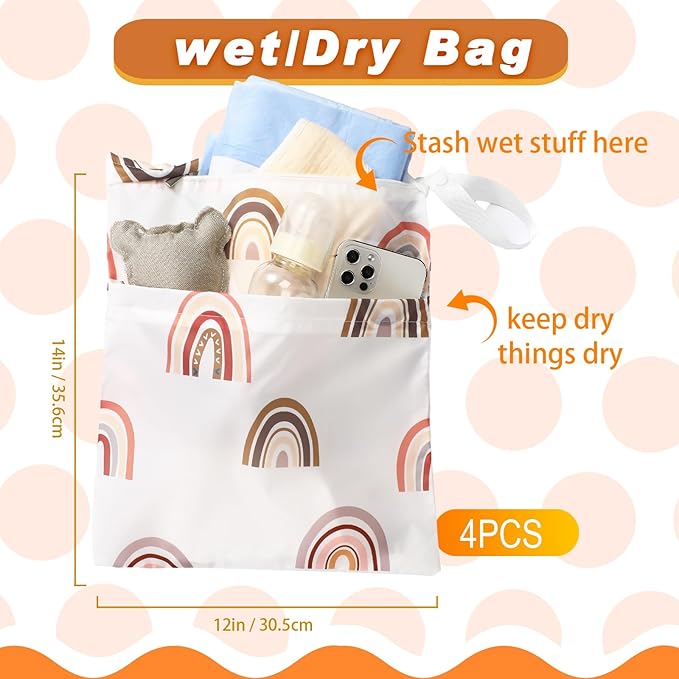 Frienda 4 Pieces Wet Dry Bag for Baby Waterproof Reusable Washable Diaper Bag Sealed with Handle for Travel, Beach, Swimsuit, Diapers, Dirty Gym Clothes and Toiletries (Boho)