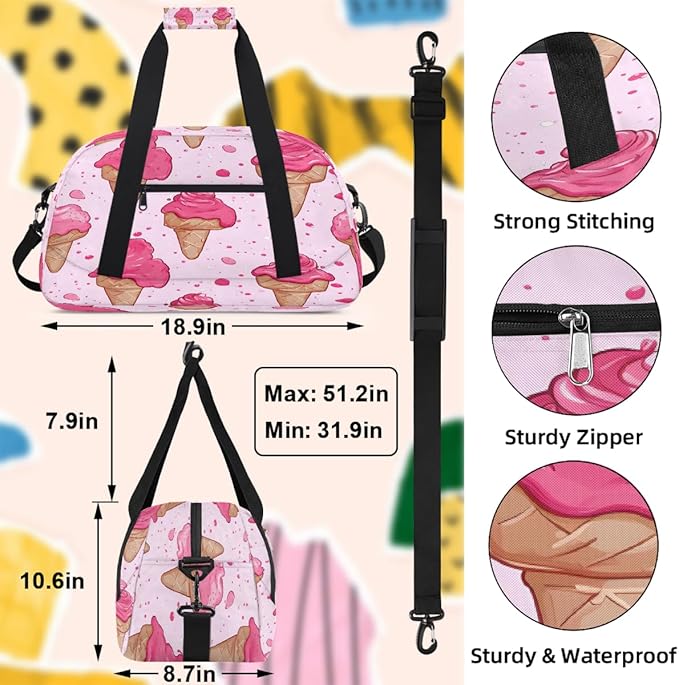 Sports Duffel Bags, Pink Ice Cream Water-Resistant Gym Duffle Bag for Men Women, Lightweight Weekender Overnight Bag for Fitness, Workout, Travel