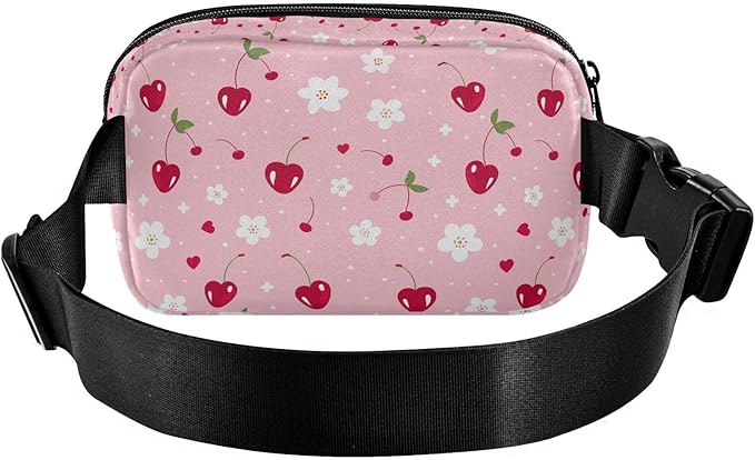 Kawaii Cherries White Flowers Fanny Pack for Women Men Water Resistant Fashion Waist Packs with Adjustable Strap Belt Bag for Travel Workout Jogging Hiking 21219486