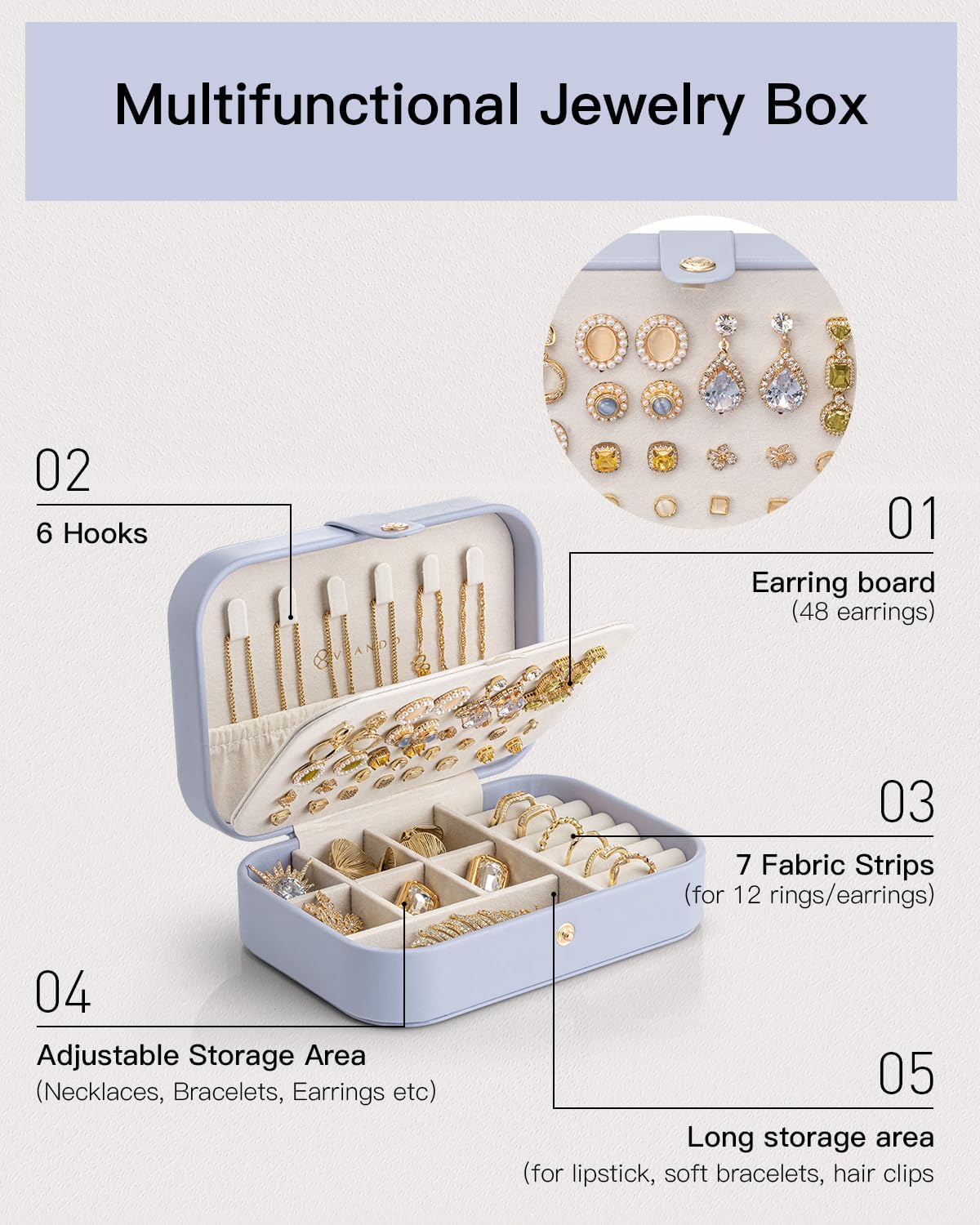 Vlando Travel Jewelry Case for Women Girls Mothers, PU Leather Portable Small Jewelry Box for Rings, Necklaces, Bracelets, Earring Holder Organizer Storage for Travel Gifts Bridesmaid Gifts - Purple