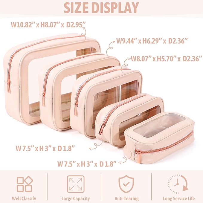5PCS Clear Toiletry Bag,TSA Approved Travel Makeup Pouch with Zipper for Cosmetics and Toiletries，Diaper Bag Organizer Pouch Set，Women's Purse Organizer and Clear Car Bag