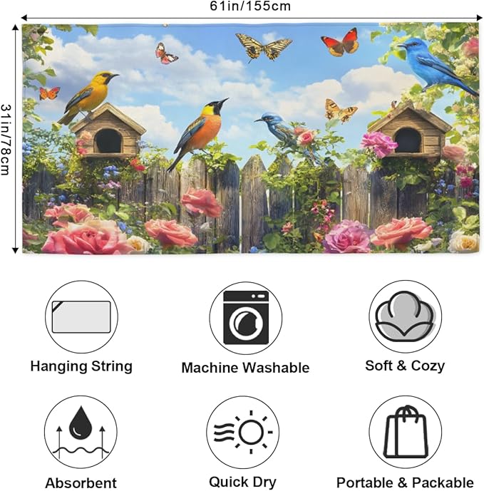 Butterfly Garden Bird Cabin Beach Towel, Large Microfiber Quick Dry Lightweight Pool Bath Towels Sand Free Beach Blanket for Summer Cruise Yoga Camping Travel Vacation Essentials 31 x 61 in