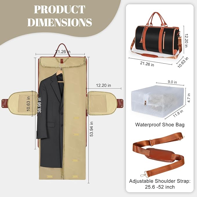 Geestock Garment Bag for Travel, Convertible Carry On Garment Duffle Bags for Women with Shoe Pouch & Detachable Shoulder Strap, Large PU Leather, 2 in 1 Hanging Suitcase Dress Suit Travel Bag, Black