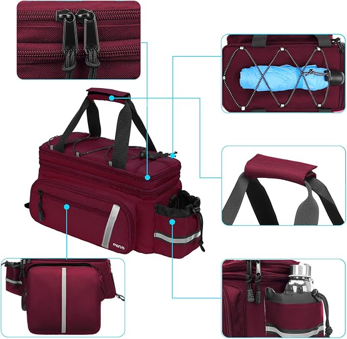 MOSISO Bike Rack Bag with Rain Cover, Bike Trunk Cooler Handag Insulated Bicycle Rear Seat Pouch with 2 Side Foldable Panniers, 8L Cycling Backseat Storage Cargo Saddle Shoulder Bag, Wine Red