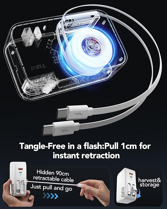 66W 4 in 1 Retractable Wall Charger,USB Type C Fast Charger for iPhone 17 Travel Charger for Multiple Devices,Fast Charging Block for Mac Book Pro/Air,M1 M2 M3 M4 M5, iPad Pro,Galaxy,Pixel