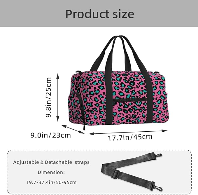 Rose Red Leopard Print Sports Gym Bag For Men Women Travel Duffel Bag With Shoe Compartment Water Resistant Gym Bag Carry On Duffel Bag For Yoga Gym Sports Weekend Traveling