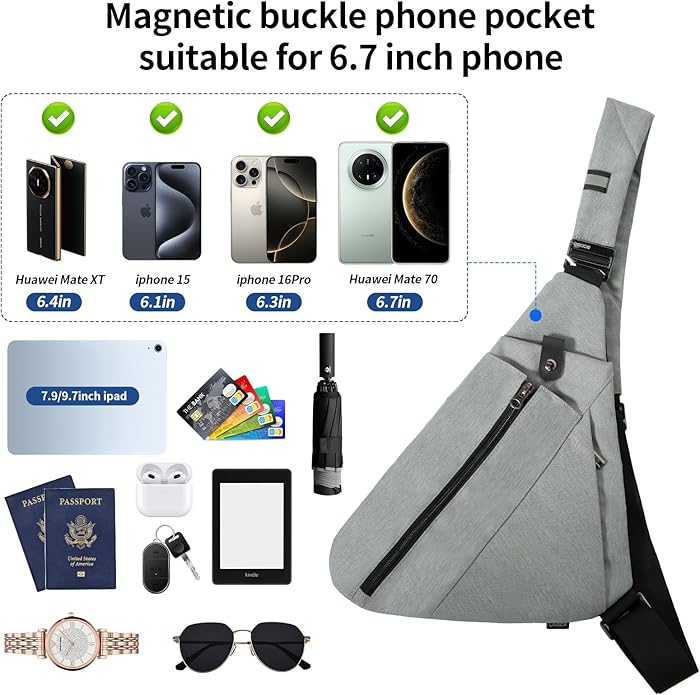 Sling Bag for Men, Anti-Theft Crossbody Chest Pack, Minimalist Daypack with Water Bottle Holder