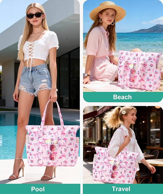 Octsky Large Beach Bags for Women - Waterproof Sandproof Beach Tote with Dual Zipper and Wet Pocket - 3 Outside Pockets