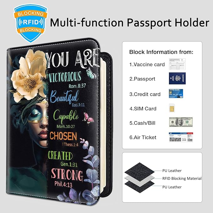 Passport Holder Women Wallet with Luggage Tag, Leather Passport Cover with RFID Blocking, Travel Accessories Multi Card Slot Passport Case for Men，African Girl Inspirational Quotes Flowers