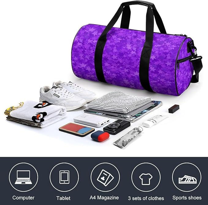 Unisex Foldable Gym Bag Purple Foil Stars Lightweight Travel Sports Bag Workout Yoga Dance Bags Overnight Weekender Bags
