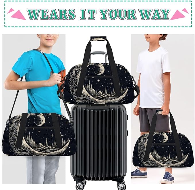 Moon Star Castle Gym Travel Duffle Bag for Women & Men with Front Zipper Pocket for Sports, Overnight, Weekender, Carry On,Workout & Dance Bag,Retro Moon,18.9 * 8.7 * 10.6 in