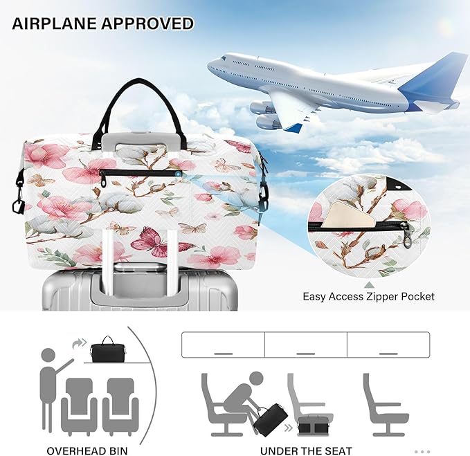 Cotton Peach Blossom Butterfly Pattern Travel Duffle Bag Gym Yoga Carry on Bags for Men Women Weekender Bag