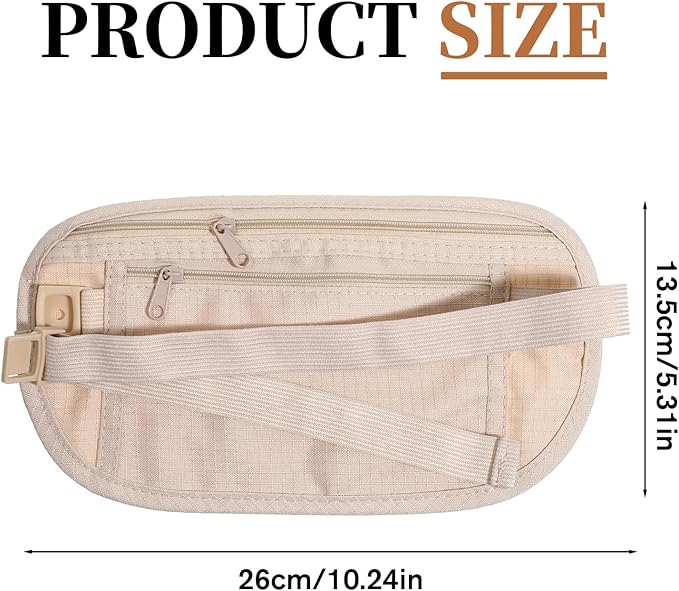 Unisex Money Belt for Men and Women Khaki RFID Security Pouch Anti-Theft Travel Money Belt Under Clothes Adjustable Strap Small Waist Pouch for Travel Running Hiking Cycling