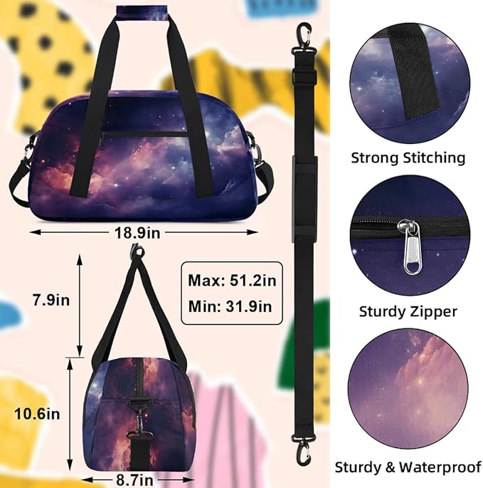 Purple Pink Nebula Sports Duffel Bags, Water-Resistant Gym Duffle Bag for Men Women, Lightweight Weekender Overnight Bag for Fitness, Workout, Travel