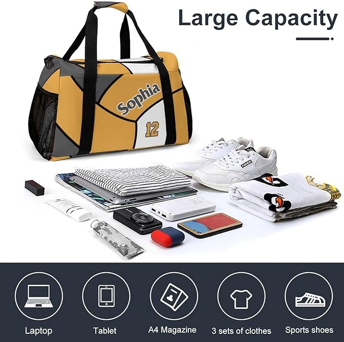 Custom Volleyball Gold Duffel Bag with Name Personalized Travel Bags Sport Gym Bag Carry On Weekender Bags for Men Women