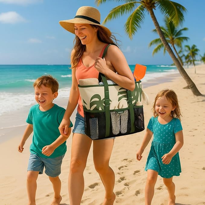 Large Beach Bag with Zipper-8 Pockets Sandproof Beach Tote Bag for Women,Foldable Lightweight Family Swim Bag Vacation