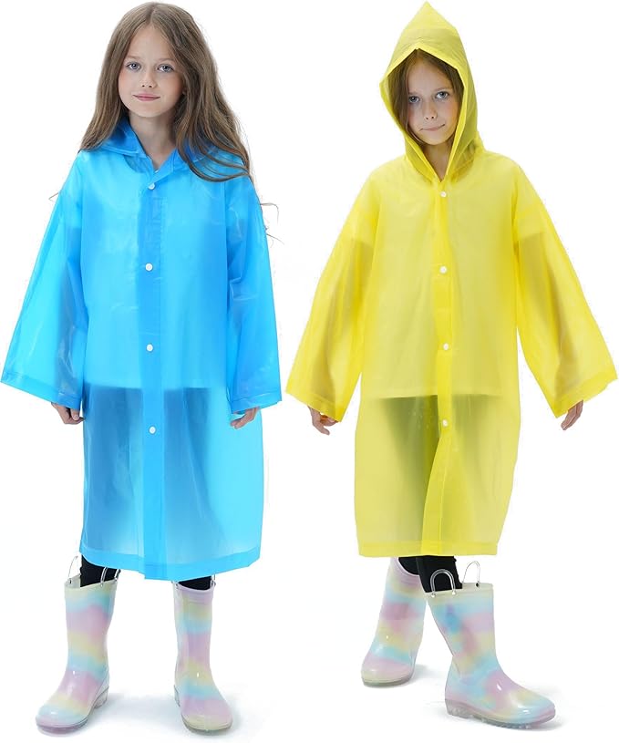 2 Pack Reusable Waterproof Raincoat EVA Emergency Rain Ponchos One Size Rain Jacket for Children, Boys and Girls