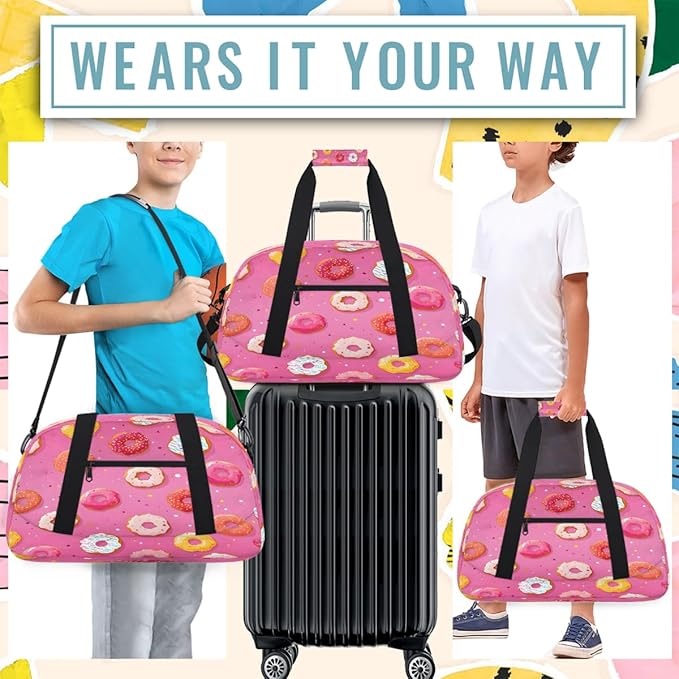 Travel Duffle Bag, Pink Donut Waterproof Weekender Overnight Bags for Women Men Lightweight Carry on Duffle Gym Bag for Travel, Sports, Fitness, Workout